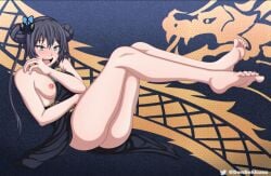 1girls animal_print ass bare_legs bare_shoulders barefoot black_dress blue_archive braid braided_bun butterfly_hair_ornament buttons china_dress chinese_clothes clothing densekkusu double_bun dragon_print dress erect_nipples feet female female_only genryumon_(blue_archive) hair_bun hair_ornament kisaki_(blue_archive) legs nipples nopan pelvic_curtain print_dress shanhaijing_secondary_school_student side_slit sleeveless soles solo teasing thick_thighs thighs tied_hair toes