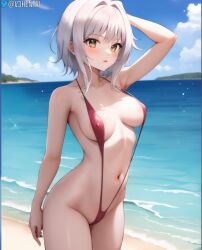 ai_generated grey_hair henryv3 high_school_dxd koneko_toujou medium_ass medium_breasts medium_hair navel outdoors outside self_upload sling_bikini slingshot_swimsuit twitter_username yellow_eyes