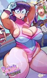 armpits arms_behind_head big_breasts blush breasts cleavage cleavage_overflow crystalcheese glasses huge_breasts mama_(punch_punch_forever!) milf punch_punch_forever! round_glasses skimpy_clothes thick_thighs thighs