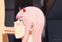 1boy 1girls animated beldmi blowjob circumcised darling_in_the_franxx female green_eyes hands-free kneeling mp4 oral petite pink_hair red_horns saliva saliva_trail small_horns sound tagme video zero_two_(darling_in_the_franxx)