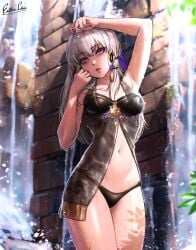 1girls alternate_costume arm_up armpits bikini black_bikini black_swimsuit breasts chemise commentary cowboy_shot esther-shen esther_shen female female female_only fire_emblem fire_emblem:_three_houses hand_up long_hair looking_at_viewer lysithea_von_ordelia medium_breasts navel nintendo parted_lips purple_eyes revision solo standing stomach swimsuit thighs white_hair