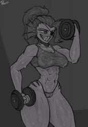 1girls 2d 2d_(artwork) 2d_artwork abs athletic_female belly_button big_hair breasts buff_female buffed crop_top dumbbell eyepatch fish gills lifting monochrome muscle_girl muscular muscular_arms muscular_female muscular_legs muscular_thighs nipples nipples_visible_through_clothing no_color phess ponytail pussy_visible_through_clothes pussy_visible_through_panties see-through sharp_teeth six_pack sweat sweating tagme thick_thighs thong toned toned_arms toned_back toned_belly toned_female toned_legs toned_stomach undertale undertale_(series) undyne voluptuous weightlifting wide_hips workout