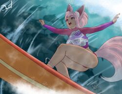 animal_ears big_breasts dazol fox_ears fox_girl fox_tail humanoid large_breasts light-skinned_female light_skin long_hair open_mouth original_character pink_hair sea seaside surfboard surfing tagme tail toned_female violet_eyes wave wetsuit_top