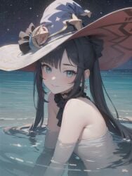 ai_generated bangs black_hair blue_eyes blush completely_nude genshin_impact hat long_hair looking_at_viewer mona_(genshin_impact) night ocean partially_submerged small_breasts smile stable_diffusion stars twintails witch_hat yukino_ai