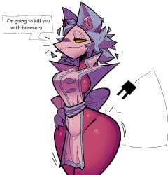 big_breasts blue_fur breasts death_threat deltarune deltarune_chapter_2 female female_focus female_only sideboob smirk smug solo_female tasque_manager_(deltarune) thick_thighs wide_hips xexeezy yellow_eyes