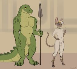 4_fingers accessory anthro balls biped black_eyes blue_sclera crocodile crocodilian crocodylid domestic_cat duo egyptian felid feline felis flaccid genitals green_body green_penis half-erect hi_res holding_object holding_spear holding_weapon male male_only mammal melee_weapon nude penis polearm reptile scalie schmutzo siamese small_penis spear tan_body watermark weapon yellow_sclera