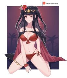 1girls absurdres alternate_costume bikini black_eyes black_hair breasts cleavage english_commentary female female_only fire_emblem fire_emblem_awakening fire_emblem_heroes highres large_breasts lilshironeko looking_at_viewer nintendo o-ring o-ring_bikini official_alternate_costume red_bikini red_swimsuit smile solo swimsuit tharja_(fire_emblem) tharja_(summer)_(fire_emblem) two-tone_cape