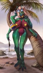 anthro arthropod ball beach big_breasts blonde_hair breasts clothing detailed_background eyewear eyewear_on_head female genitals green_body hair hi_res holding_clothing holding_object insects licking_lollipop looking_at_viewer mandibles multi_eye nipples non-mammal_breasts non-mammal_nipples nude palm_tree plant pussy seaside sky solo standing strigiformes sunglasses sunglasses_on_head tongue tongue_out tree undressing volleyball_(ball) water wet yellow_eyes yellow_nipples yellow_tongue