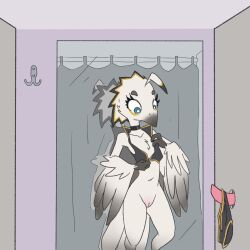 anthro avian bird blue_eyes bottomless clothed clothing collar curtains dressing_up embarrassed feathers female flat_chested genitals glory_hole hanger looking_at_genitalia looking_at_object looking_at_penis lyra_(w4g4) mirror no_underwear panties penis potoo pussy solo unbuttoned_shirt underwear undressing unknown_artist wall_(structure) white_body white_feathers wings