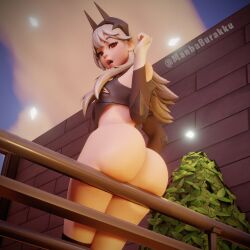 1female 3d artist_name ass back back_view bottom_view butt chestplate clouds color covered_breasts covered_nipples detached_sleeves female female_focus female_only fortnite glowing hair_ornament leaning leaning_back lexa_(fortnite) looking_at_viewer looking_back manbaburakku mouth_open no_panties nude nude_female outdoors princess_lexa_(fortnite) red_eyes sitting sky thighs white_hair