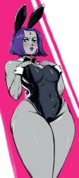 1girls 2022 big_ass big_breasts blush bowtie breasts bunny_ears bunny_tail bunnysuit cleavage dc dc_comics grey_skin hands_on_breasts headband huge_thighs latex looking_at_viewer purple_hair rachel_roth raven_(dc) redblacktac short_hair teen_titans thick_thighs tight_clothing tight_fit wide_hips