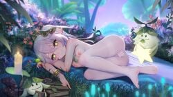 1girls absurdres anklet anus aranara_(genshin_impact) bar_censor bare_arms bare_legs bare_shoulders barefoot blurry book book_stack bracelet breasts candle casual_nudity censored closed_mouth cross-shaped_pupils dress feet female flower full_body genshin_impact gradient_hair grass green_eyes green_hair grey_hair hair_between_eyes hair_ornament highres jewelry leaf leaf_hair_ornament light-skinned_female light_skin long_hair looking_at_viewer lying multicolored_hair nahida_(genshin_impact) nature nipples no_panties no_shoes nonsexual_nudity nude on_side outdoors pantyhose plant pointy_ears pussy side_ponytail sidelocks sleeveless sleeveless_dress small_breasts smile soles symbol-shaped_pupils toes white_dress white_pantyhose xingchee