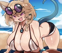 1boy 1girls all_fours arknights beach bikini blonde_hair breasts breasts_bigger_than_head cat_ears catgirl dark-skinned_male dark_skin doctor_(arknights) female gigantic_breasts hi_res hips huge_breasts interracial kemonomimi large_penis light-skinned_female light_skin male naughty_face outdoors paizuri penis penis_between_breasts purple_eyes seaside short_hair smiling tail thick_thighs thighs titjob uncensored utage_(arknights) wide_hips zanamaoria