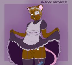 anthro balls blush bottomwear chains clothed clothing clothing_lift erection foreskin genitals hi_res holding_bottomwear holding_clothing holding_object holding_skirt inprogress maid_uniform male mammal mouse murid murine penis presenting rodent shy skirt solo tail uniform