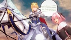 1280x720 1boy 1girls 3d animated animation artist_request artoria artoria_pendragon artoria_pendragon_(lancer) astolfo_(fate) big_breasts blonde_female blonde_hair digital_art digital_media english_text fate/grand_order fate_(series) female femboy femboy_on_female fgo fucked_senseless fucked_silly horse instant_loss instant_loss_2koma male no_sound rape sex spanking tagme text video