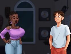 1boy 1girls 2d african african_female arms_on_waist big_breasts bra breasts brown_hair brown_hair clothed clothing curvy curvy_body curvy_female curvy_figure dark-skinned_female dark_skin darkcookie digital_drawing_(artwork) digital_media_(artwork) duo ear_piercing earrings female interracial jeans light-skinned_male light_skin looking_at_another looking_at_partner main_character_(summertime_saga) male male/female ms._dewitt_(summertime_saga) night office pants piercing piercings shirt shorts smile smiling standing student summertime_saga tank_top teacher teacher_and_student