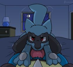 ambiguous_gender anthro bed bedroom bodily_fluids canid canine detailed_background duo eye_contact fellatio first_person_view furniture generation_4_pokemon hi_res inside looking_at_another lucario male male/ambiguous male_pov mammal night nintendo on_bed oral oral_penetration penetration penile pokemon pokemon_(species) riolu saliva sex silvrsterlng tail tail_motion tailwag window