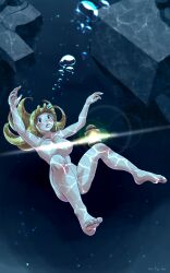 air_bubbles armpits asphyxiation big_breasts blonde_hair breasts brown_eyes bubbles collarbone completely_nude convenient_censoring drowning female female_only foxeye_(artist) hades_vanquish imminent_death lantern light mana_(hades_vanquish) nude nude_female peril solo solo_female underwater