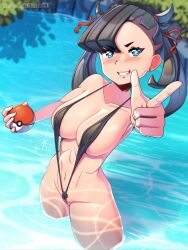 1girls bikini black_hair blue_eyes blush breasts female holding_object kagato007 marnie_(pokemon) micro_bikini nintendo pointing_at_viewer pokemon pokemon_ss pubic_hair pubic_hair_peek short_hair sling_bikini thick_thighs wide_hips