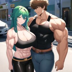 1boy abs ai_generated biceps boyfriend-girlfriend broad_shoulders brown_hair city cleavage couple couple_(romantic) denim_jeans female green_eyes green_hair height_difference large_breasts large_pecs large_pectorals leather_pants leohawke long_hair muscle muscular muscular_female muscular_male outdoors shaggy_hair short_hair smile sports_bra street tagme tank_top yellow_eyes