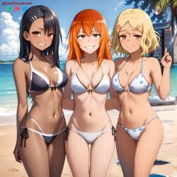 3girls ai_generated beach big_breasts black_hair blonde_hair breasts brown_eyes cameltoe cleavage clevage curvy female female_only gamo-chan hayase_nagatoro lewdcreationsai long_hair looking_at_viewer medium_hair multiple_girls navel orange_eyes orange_hair outdoors please_don't_bully_me,_nagatoro pose sakura_(nagatoro) smirk standing tan tan-skinned_female tan_skin tanned thighs thighs_together watermark wide_hips