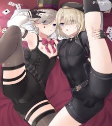 2boys androgynous artist_name balls balls_under_clothes bed_sheet beret blonde_hair blush bodysuit brothers bulge closed_mouth covered_navel crossdressing detached_sleeves duo-focus femboy freckles freckles_on_face freminet_(genshin_impact) garter_straps gay genshin_impact girly grey_hair hair_over_one_eye lavender_eyes leg_hold leg_up looking_at_viewer lyney_(genshin_impact) male_focus male_only nipples on_bed one_leg_up open_mouth otoko_no_ko penis penis_under_clothes playing_card poker_cards purple_eyes short_shorts skin_tight small_bulge small_penis smile spread_legs thighhighs thighs tiningot196 top_hat trap wetsuit yaoi