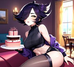 1girls ai_generated amber_eyes big_breasts black_hair cake clothing female female_only food goth hispanic_virtual_youtuber juninholara21 karmavt legwear light-skinned_female light_skin looking_at_viewer messirve owozu short_hair shorts stockings thighhighs tomboy virtual_youtuber vtuber youtube youtube_hispanic