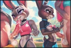 2girls blush breasts cum disney furry judy_hopps partially_clothed penis pixelsketcher public saliva septum_piercing track_and_field zootopia