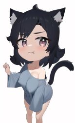 ai_generated black_hair cat_ears cat_tail chibi huge_breasts nipples_visible_through_clothing no_bra oversized_clothes oversized_shirt pouting shortstack streamer thatspookynekogirl twitch virtual_youtuber vtuber