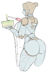 1girls 2021 apron ass big_ass blue_eyes breasts cake candle color eyes female female_only food gynoid hair holding_cake holding_food holding_object humanoid large_breasts league_of_legends lighter naked_apron nipple_bulge normana open_eyes orianna plain_background robot robot_girl robot_humanoid side_view solo standing tied_hair white_background