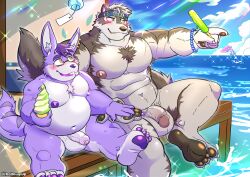 absurd_res anthro balls bandana beach belly big_muscles blush brown_body brown_fur brown_pawpads canid canine canis chest_tuft date dessert duo ear_piercing eyewear feet flaccid food foreskin fur gay genitals glans glasses hand_holding hi_res hindpaw hollowpup horkeukamui humanoid_genitalia humanoid_penis ice_cream kerchief lagomorph leporid lifewonders looking_at_another male male/male male_only mammal muscular muscular_male navel nipples nude outside overweight overweight_male pawpads paws pecs penis pier piercing pink_nipples popsicle purple_body purple_fur purple_nipples purple_pawpads rabbit sea seaside soles summer tokyo_afterschool_summoners tuft water wave wolf yaoi