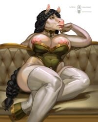 anthro areola aristocrat ass belly big_breasts big_butt black_hair breasts chubby_female clothed clothing corset digital_media_(artwork) equid equine female furniture gold_(metal) green_eyes hair hi_res hooves horse huge_breasts huge_butt jewelry kostictoxic latex leather_sofa legwear lingerie mammal mature_female nipples pink_areola pink_nipples pinup pose simple_background sitting sofa solo stockings tail topwear wahafagart white_body white_skin wide_hips