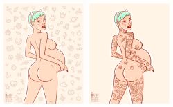 1girls ass ass belly big_belly breasts bunintheoven female nipples pregnant short_hair tattoo