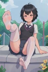 1girls ai_generated black_hair blushing clothed feet lewd_look marvel peni_parker petite ready_to_fuck school_uniform schoolgirl short_hair solo solo_female solo_focus spread_legs tagme