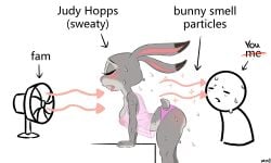 1boy1girl 1girls bent_over blush breasts butt cooling_off crop_top daimo electric_fan fan female furry judy_hopps meme partially_clothed smell_particles_meme sweat underwear zootopia