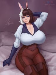 1girls 2023 animal_ears ave_poppea big_breasts blue_eyes brown_hair clothed clothing female female_only hand_behind_head hi_res looking_at_viewer medium_hair original original_character sitting smiling smiling_at_viewer solo thick_thighs two_tone_hair white_hair