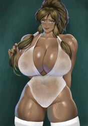 1girls abstract_background areolae avatar_legends belly_button big_breasts big_hips big_thighs blue_eyes busty cleavage clothing dark-skinned_female dark_skin deep_cleavage female female_only hair_accessory hand_on_hair korra legwear long_hair looking_at_viewer nipples one-piece_swimsuit palemaster solo solo_female standing sweat sweaty_body sweaty_face swimsuit the_avatar the_legend_of_korra thighhighs three-quarter_portrait tied_hair translucent_clothing twintails water_tribe white_clothing white_one-piece_swimsuit white_swimsuit