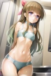 ai_generated arms_behind_back ass_visible_through_thighs bangs bare_shoulders blue_bra blue_panties blunt_bangs blush bra breasts brown_hair choker closed_mouth collarbone cowboy_shot female glasses hair_ribbon half_updo indoors long_hair looking_at_viewer navel ohdo_yuamu osyasenpai over-rim_eyewear panties pink-framed_eyewear pink_ribbon purple_eyes ribbon shiny sidelocks small_breasts solo sports_bra stable_diffusion standing stomach thigh_gap underwear underwear_only yu-gi-oh! yu-gi-oh!_go_rush!! yuamu_ohdo