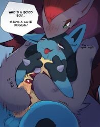 2018 ahe_gao ambiguous_gender anthro anthro_on_anthro balls big_penis black_body black_fur blue_body blue_fur blush bodily_fluids dialogue digital_media_(artwork) drooling duo english_text eye_roll foreskin fur generation_4_pokemon generation_5_pokemon genital_fluids genitals good_boy green_eyes hair handjob hi_res humanoid_genitalia humanoid_penis kyurisawa larger_ambiguous looking_pleasured lucario male male/ambiguous nintendo nude open_mouth penile penis pet_praise pokemon pokemon_(species) praise precum reach_around red_eyes red_hair saliva sex size_difference smaller_male smile speech_bubble spikes submissive submissive_male text tongue tongue_out yellow_body yellow_fur zoroark