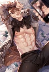 abs bedroom brown_hair bulge bulge_through_clothing covering_self honkai:_star_rail honkai_impact_3rd nipples partially_clothed pecs recording shy solo_male sweat taking_picture technically_also_hi3 upper_body welt_yang_(honkai:_star_rail)