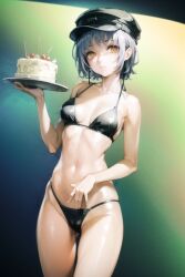 ai_generated bare_shoulders bikini black_bikini black_headwear breasts cabbie_hat cake chainsaw_man closed_mouth collarbone cowboy_shot earrings fami_(chainsaw_man) female food freckles grey_hair halterneck hat holding jewelry looking_at_viewer medium_breasts navel osyasenpai short_hair skindentation solo stable_diffusion stomach swimsuit tray yellow_eyes