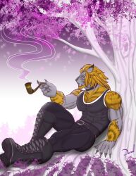 boots choker dazol final_fantasy_xiv furry hrothgar original_character smoking smoking_pipe t-shirt tagme tree trees