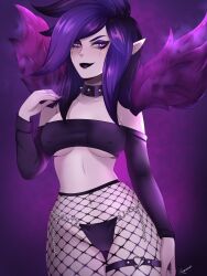 1girls black_lipstick female female_only fishnet_pantyhose fishnets hi_res league_of_legends long_hair looking_at_viewer makeup morgana nipple_bulge pink_eyes pointy_ears purple_hair ravenemore ruined_makeup smiling smiling_at_viewer solo thigh_gap thong topwear