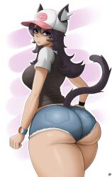 ass baseball_cap big_ass big_breasts black_hair cat_ears cat_tail catgirl clothed cosplay fat_ass fully_clothed fully_clothed_female hilda_(pokemon) huge_ass jean_shorts neko pokemon purple_eyes short_shorts skullkidsak streamer thatspookynekogirl thick_thighs tight_fit twitch virtual_youtuber vtuber