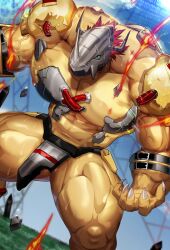 1boy 2023 abs anthro armor bandai_namco bara barazoku biceps big_muscles big_pecs claws digimon digimon_(species) dragon gay helmet hi_res highres huge_biceps huge_muscles huge_pecs magangz male male_focus male_only manly muscles muscular muscular_anthro muscular_arms muscular_legs muscular_male muscular_thighs orange_body orange_skin solo solo_male spread_legs sweat wargreymon