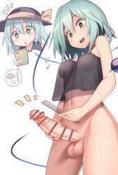 1futa balls big_penis blush bottomless breasts censor_bar censored clothed clothing full-package_futanari futanari green_eyes green_hair hat holding_phone human koishi_komeiji large_penis light-skinned_futanari light_skin measuring_penis partially_clothed penis penis_measuring phone ruler shiratsuki_shiori short_hair solo solo_focus solo_futa standing testicles third_eye touhou