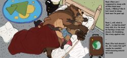 animal_genitalia animal_penis anthro anthro_on_anthro avalath_tiger balls bear big_balls big_penis brown_bear bulge chubby_anthro chubby_belly chubby_male clothed clothed/nude clothing comic cuddling embrace erection genitals grizzly_bear hair hi_res hotel_room hug kuruk_(character) male male/male mammal mane mane_hair murid murine musk nude partially_clothed penis pudgy_belly rat rodent size_difference sleeping slightly_chubby suitcase third-party_edit underwear underwear_only ursine ursine_penis wet_dream