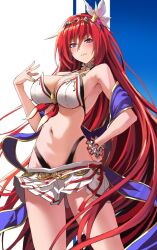 bare_shoulders bikini black_bikini blue_eyes blush breasts cleavage collarbone feather_hair_ornament feathers female godsworn_alexiel granblue_fantasy hair_between_eyes hair_ornament hand_on_own_hip highleg highleg_bikini large_breasts layered_bikini long_hair looking_at_viewer lowleg miniskirt navel red_hair sash scrunchie skirt smile solo swimsuit thighs very_long_hair white_bikini white_skirt wrist_scrunchie yashiro_(silver_will)