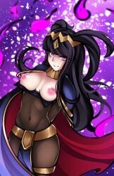 1girls bangs black_hair bodystocking breasts breasts_out cape female female_only fire_emblem fire_emblem_awakening long_hair looking_at_viewer medium_breasts nintendo nipples pink_eyes reeceyd3 smile solo tharja_(fire_emblem) very_long_hair