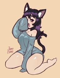 1girls big_breasts black_hair black_tail cat_ears cat_tail catgirl jamoart neko oversized_clothes oversized_shirt sleepy solo solo_female solo_focus streamer thatspookynekogirl thick_thighs tired twitch virtual_youtuber vtuber